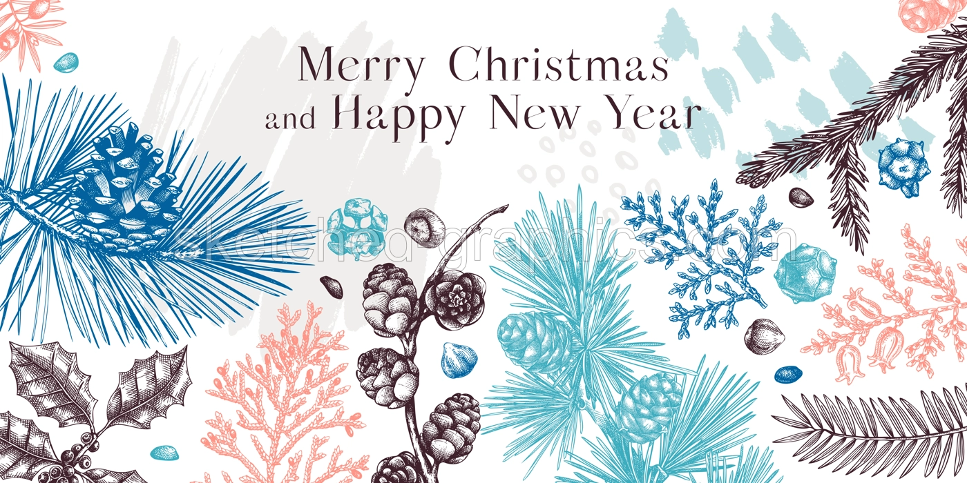 Merry Christmas background. Collage style banner with winter trees, evergreen plants, conifers and nuts drawing. Vector design with hand drawn botanical illustrations. Trendy New Year card template Illustration